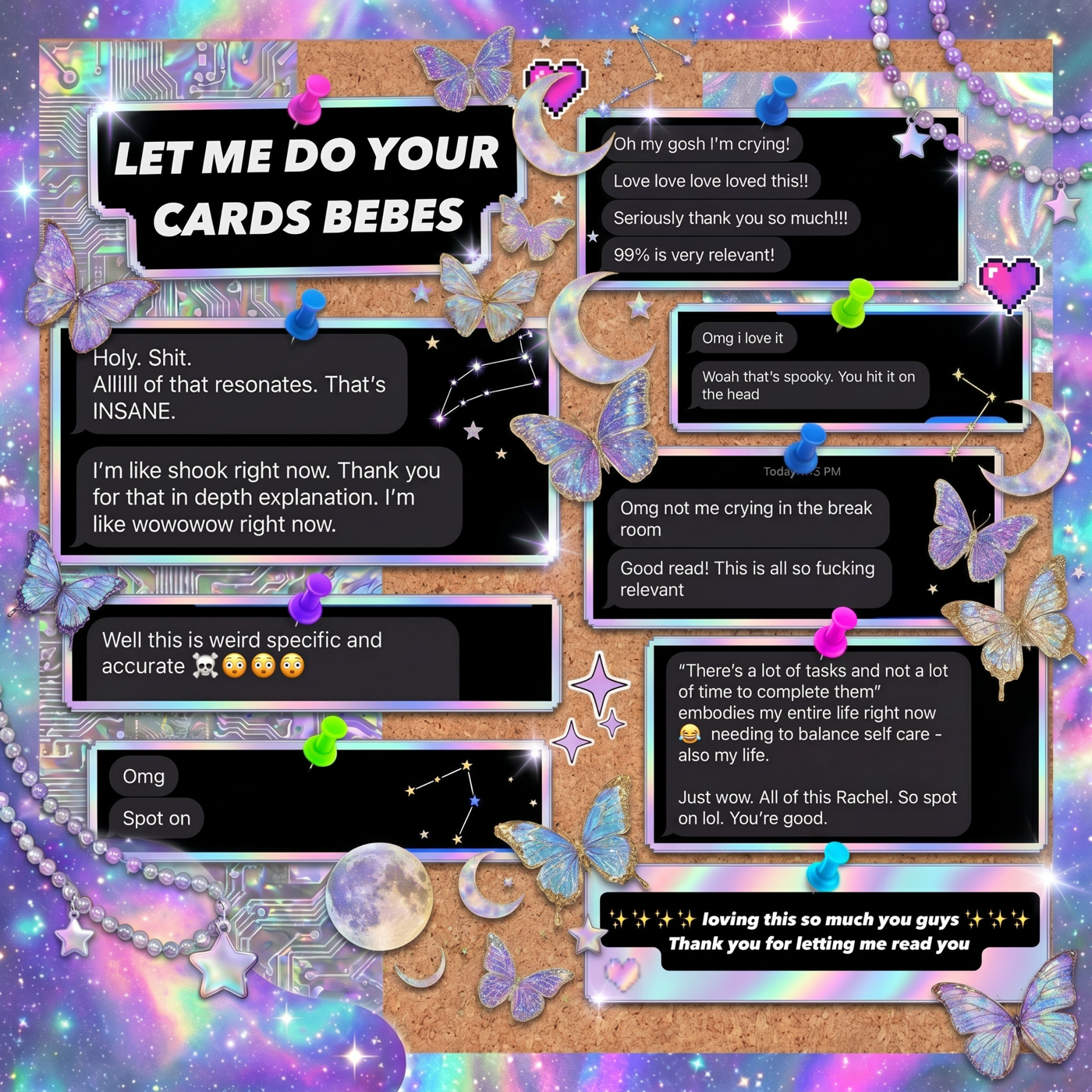 Client texts after readings — a corkboard collage of real messages
